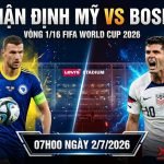 Ảnh bìa infographic nhận định trận Mỹ vs Bosnia vòng 1/16 World Cup 2026 với Christian Pulišić và Edin Džeko, logo Levi's Stadium và XOILAC TV